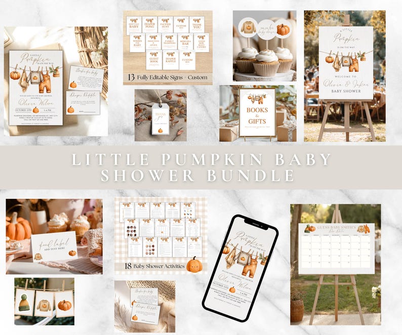 May include: A collection of baby shower decorations with a pumpkin theme. Includes invitations, signs, cupcake toppers, and a calendar. The text "Little Pumpkin Baby Shower Bundle" is displayed. The color palette is neutral with orange accents.