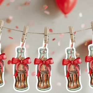 May include: Watercolour illustration of five soda bottles with red bows and striped straws, suspended by clothes pegs on a string. Red heart-shaped balloons and confetti in the background.
