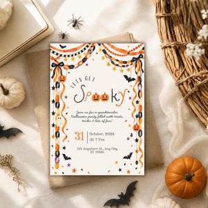 Digitale Halloween-Party-Einladungsvorlage zum Ausdrucken: Lasst uns eine gruselige Geisterparty feiern – Süßes oder Saures! (Canva-Vorlage)