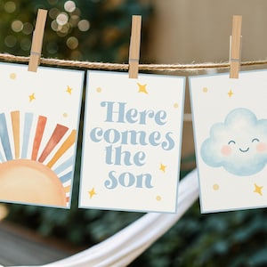 Faixa &quot;Aqui Vem o Filho&quot;, Chá de Bebê Menino, Aí Vem o Sol, Decoração de Chá de Bebê, Chá de Bebê Menino SonShine, Chá de Bebê Boho, Download Digital