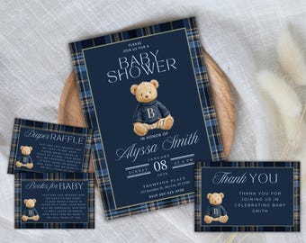 Luxury Equestrian Baby Shower Invitation Template – Tartan Preppy Canva Invite Suite