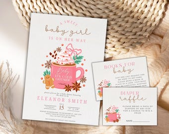 Winter Baby Shower Invitation, Hot Chocolate, Pink (Digital Download)