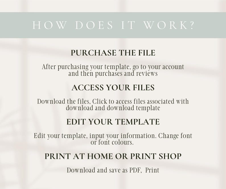 May include: A light-colored graphic with the text "HOW DOES IT WORK?" and instructions on how to purchase, access, and edit a template, and how to print it at home or a print shop.