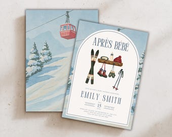 Pode incluir: Um cartão de convite retangular para chá de bebê com uma ilustração em aquarela de um teleférico vermelho sobre montanhas nevadas. A frente exibe o texto APRÈS BÉBÉ, EMILY SMITH, DEC 15, 2024 e um suporte com esquis, óculos e luvas.