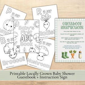 Könnte beinhalten: Druckbares Babyparty-Gästebuch und Hinweisschild. Das Schild enthält Anweisungen für die Gäste zum Ausmalen von Seiten und Unterschreiben ihrer Namen. Das ABC-Buch zeigt Illustrationen von Gemüse. Das Schild befindet sich auf einer Holzoberfläche.