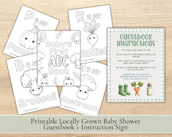 Vegetable ABC Baby Shower Guestbook, Printable Coloring Pages (Digital Download)