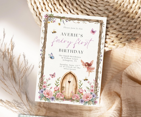 Fairy First Birthday Invitation, Enchanted Garden Party (Canva Template)