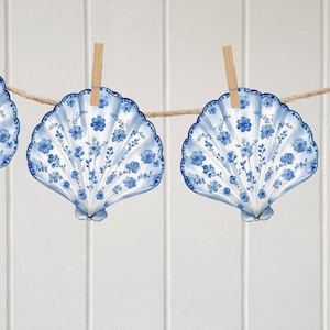 Blue and White Chinoiserie Shell Banner, Seashells and Wedding Bells Theme, Beach Bachelorette, Coastal Bachelorette, Ocean Bridal Shower