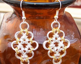 Chainmaille earrings. Silver plated and/or gold plated Japanese diamond