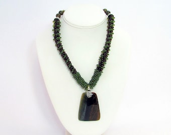 Earthy Kumihimo Beaded Braid with Pendant and Matching Earrings