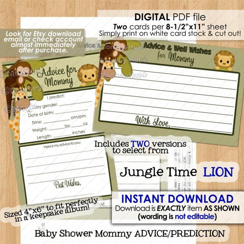 Jungle Time Monkey Baby Shower / Advice for Mommy Cards | Etsy