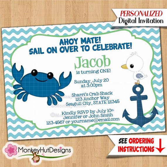 Nautical Crab Baby Shower Invitations / boy boys Navy Blue Red Anchors Away  Aweigh mommy seagull Personalized DIGITAL INVITATION #130