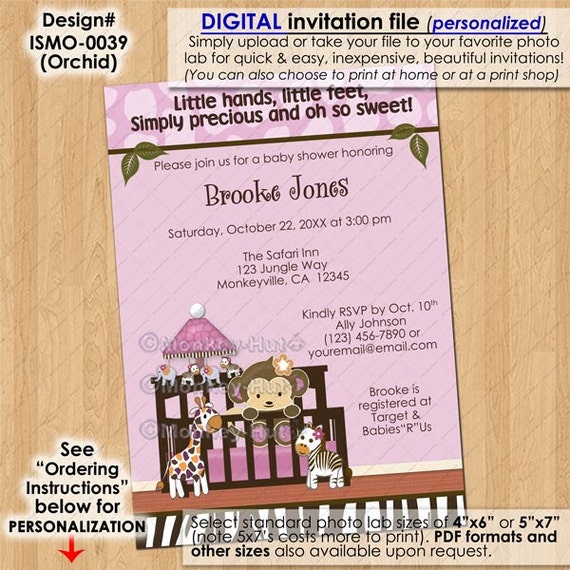 Mod Girl Monkey Jungle Safari Printable Baby Shower Invitation Editable PDF