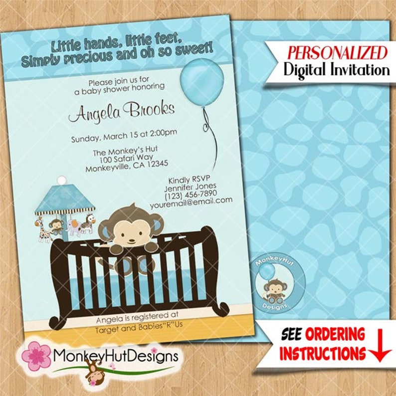 Monkey Baby Shower Invitations Monkey in Crib Boy Boys BLUE Monkeys Safari Jungle Animals Theme