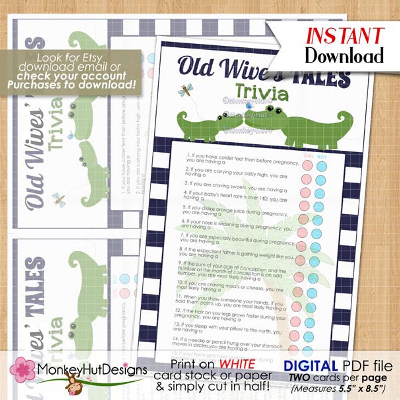 Baby Shower Game Games / Old Wives' Tales Trivia / Preppy Alligator