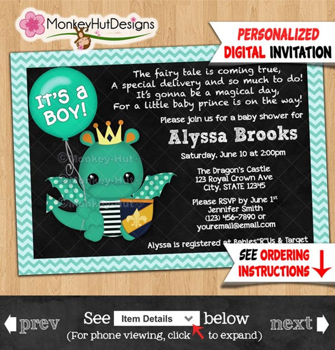 Dragon Baby Shower Invitations Chalkboard Sparky Boys Dragons Etsy