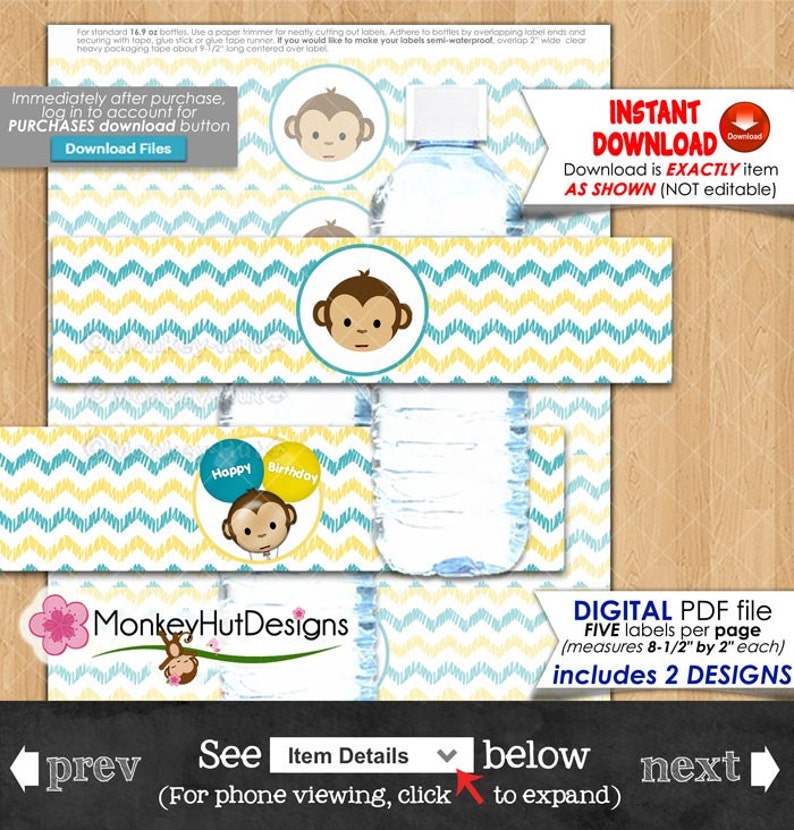 Water Bottle Labels Wrappers Mod Monkey Birthday Decorations Monkeys Boy Boys Blue Yellow Happy Birthday Printable INSTANT DOWNLOAD #336