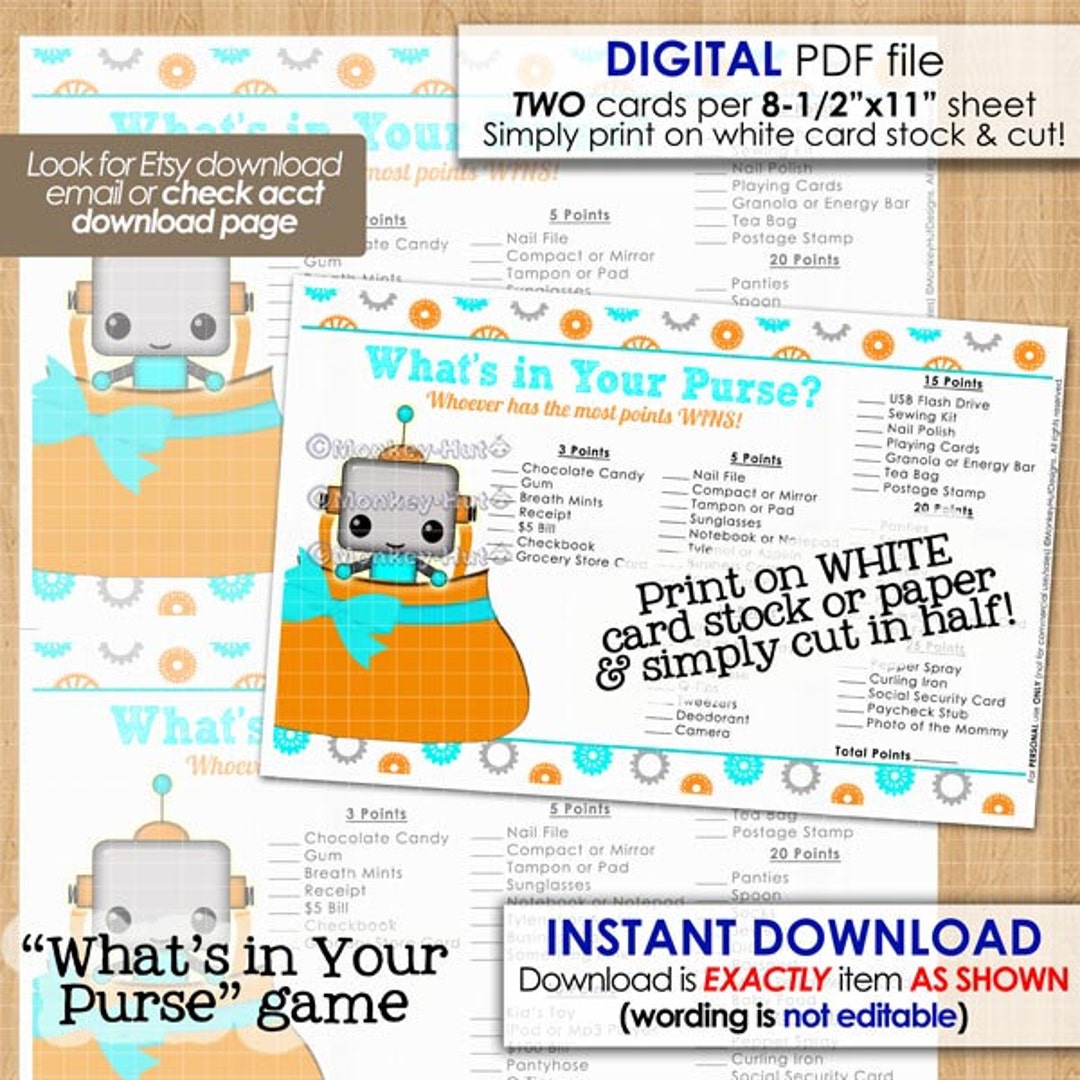 Robot Boy Baby Shower Game Whats in Your Purse Aqua