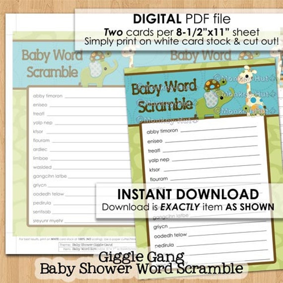 Giraffe Animal Print Baby Shower Games Word Scramble Cards