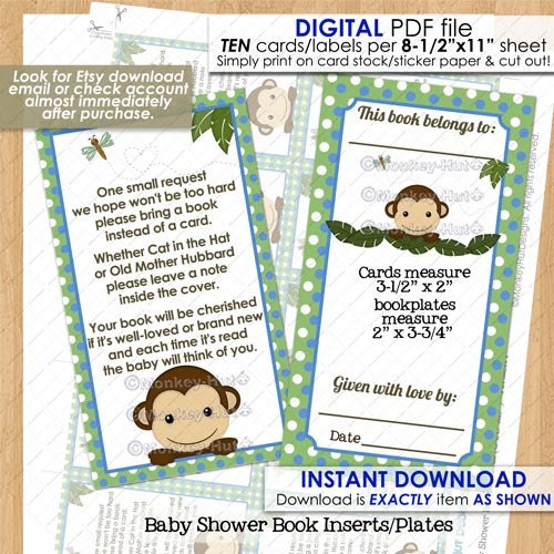 Monkey Book Plate Label plus insert / Bring a Book Instead of a Card Baby Shower childrens books boy boys monkeys INSTANT DOWNLOAD