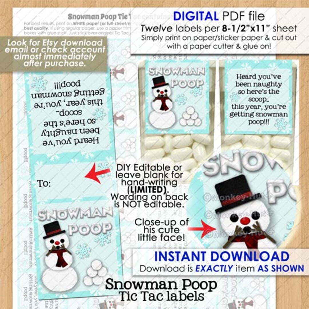 Snowman Poop Tic Tac Christmas Labels Wrappers/stickers/covers Favors ...