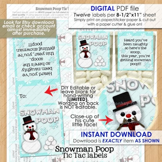 Snowman Poop Tic Tac Christmas Labels Wrappers Stickers Covers Etsy