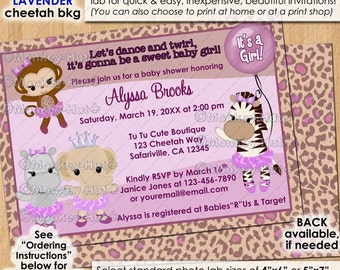 Monkey Tu Tu Cute Ballerina Baby Shower Invitations / LAVENDER Cheetah Print tutu elephant zebra / Persoanlized DIGITAL INVITATION #0067b