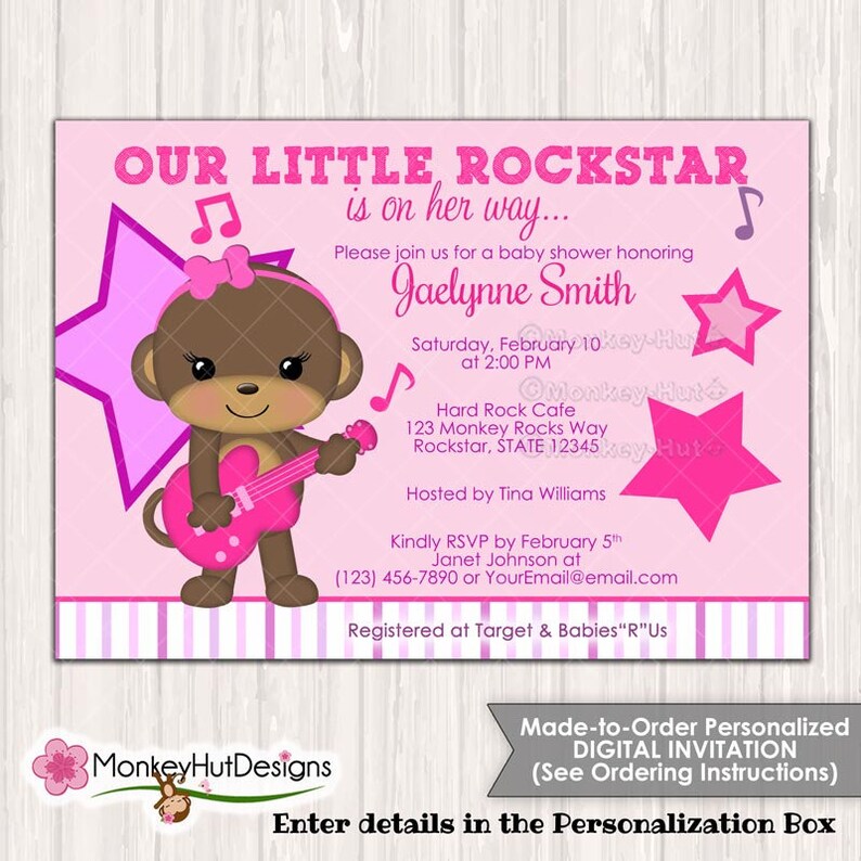 Girls Monkey Rockstar Baby Shower Invitations Rock Star | Etsy