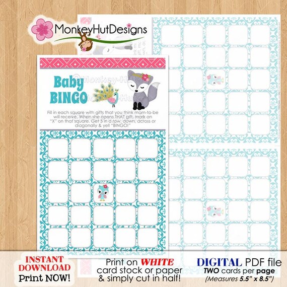 Baby Shower Game Games For Girls Bingo Game Fiona Fox Peacock Etsy