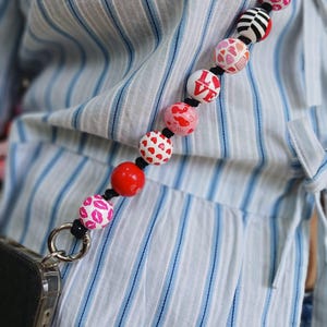 Handmade Red & White Wooden Bead Phone Strap: Crossbody Lanyard