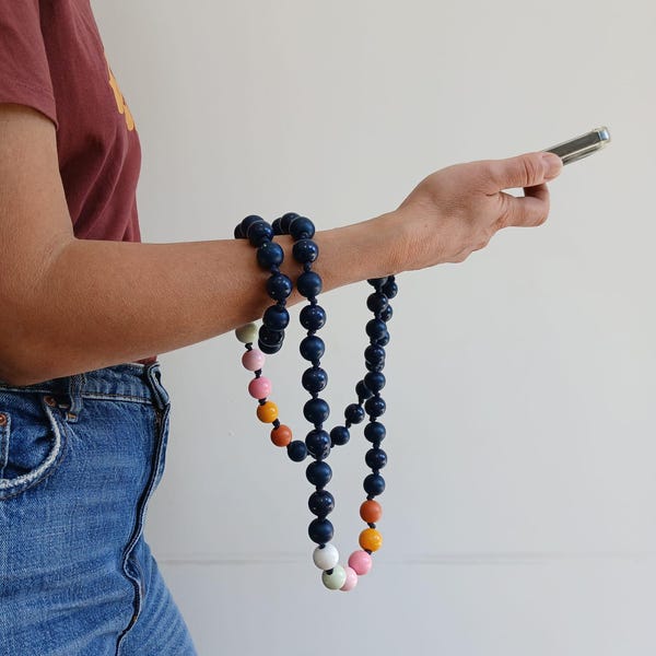 Handmade Blue Wooden Bead Phone Strap: 16mm Beaded Crossbody Lanyard