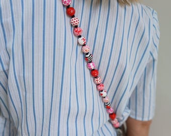 Handmade Red & White Wooden Bead Phone Strap | Love Phone Beads | Crossbody Phone Lanyard