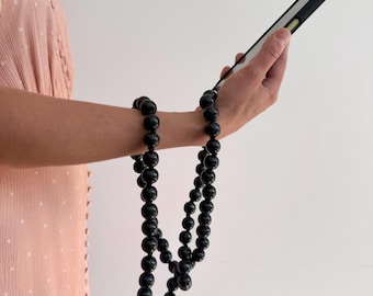 Black Wooden Bead Phone Strap: Handmade Crossbody Lanyard