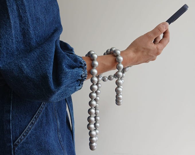 Silver Wooden Bead Phone Strap: Handmade Crossbody Lanyard