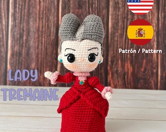 Crochet doll pattern, Lady Tremaine, villain, amigurumi, PDF in Spanish and English.
