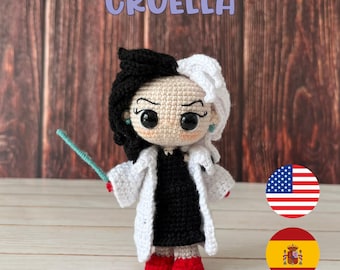Crochet doll pattern, CRUELLA, villain, amigurumi, PDF in Spanish and English.