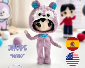 JHOPE crochet pattern, amigurumi, bts, MANG costume, kpop, PDF in Spanish and English.