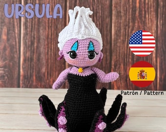 Crochet doll pattern, URSULA, villain, amigurumi, PDF in Spanish and English.