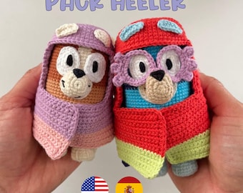 Pack of crochet dog patterns, Heeler sisters, amigurumis, blue/red Australian shepherd, grandmothers Rita and Janet costume, Spanish/English PDF.