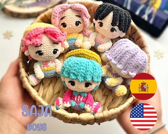 SAJA BOYS K-Pop Amigurumi, Häkelanleitung, Dämonenjäger, Jinu, Baby, Abby, Romance, Mystery PDF-Anleitung in Spanisch und Englisch.