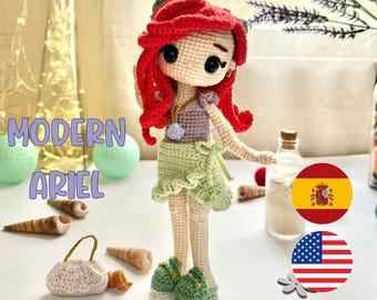 Virkat dockmönster, MODERN ARIEL, amigurumi, rödhårig sjöjungfru, modern outfit, PDF på spanska och engelska.