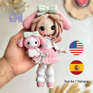 Virkat dockmönster, EMI, amigurumi, melodi, rosa kanin, kostym, PDF på spanska och engelska.