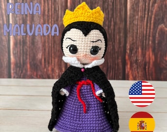 Virkat dockmönster, Onda drottningen, skurk, amigurumi, PDF på spanska och engelska.