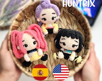 WARRIORS-Amigurumi-Muster, K-Pop, Häkeln, Dämonenjäger, Mira, Zoey, Rumi, PDF auf Spanisch und Englisch.