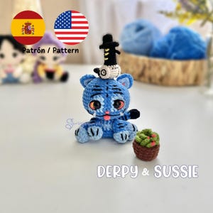 Blue Tiger and Bird pattern kpop amigurumi, crochet, derpy, sussie, demon hunters PDF in Spanish and English.