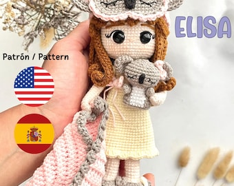 Crochet doll pattern, ELISA, amigurumi, pajamas, koala, PDF in Spanish and English.