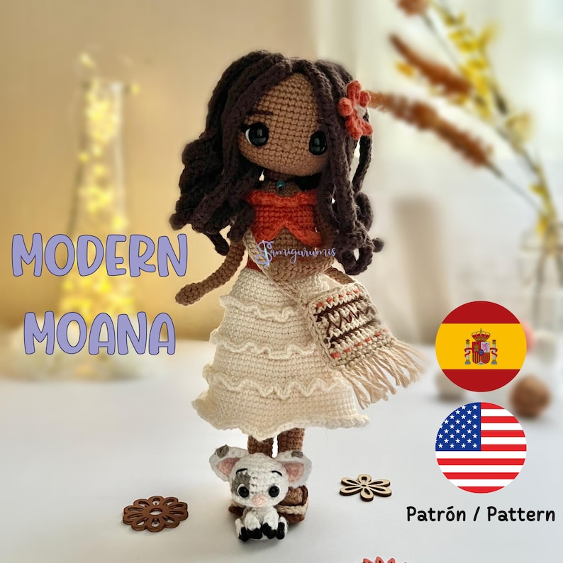 May include: Crochet amigurumi doll of Moana from the Disney movie Moana. The doll is wearing a brown and white skirt, a red top, and a flower in her hair. She is holding a small brown and white pig.