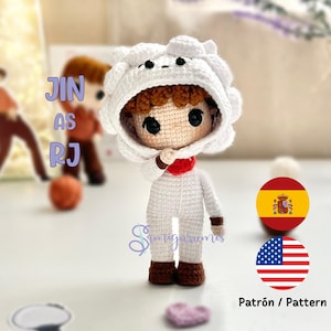 JIN crochet pattern, amigurumi, bts, RJ costume, kpop, PDF in Spanish and English.