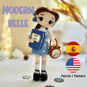 Patrón muñeca crochet, MODERN BELLE, amigurumi, Din Don cartera, outfit moderno, PDF en español e inglés.