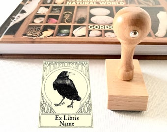 Wunderschöner Rabe Ex Libris Stempel, Personalisierter Buchstempel, Geschenk für Leser